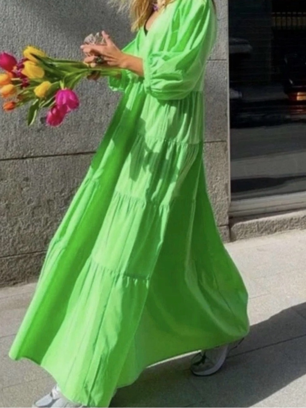 Zara Neon Green Tiered V-Neck Maxi Dress